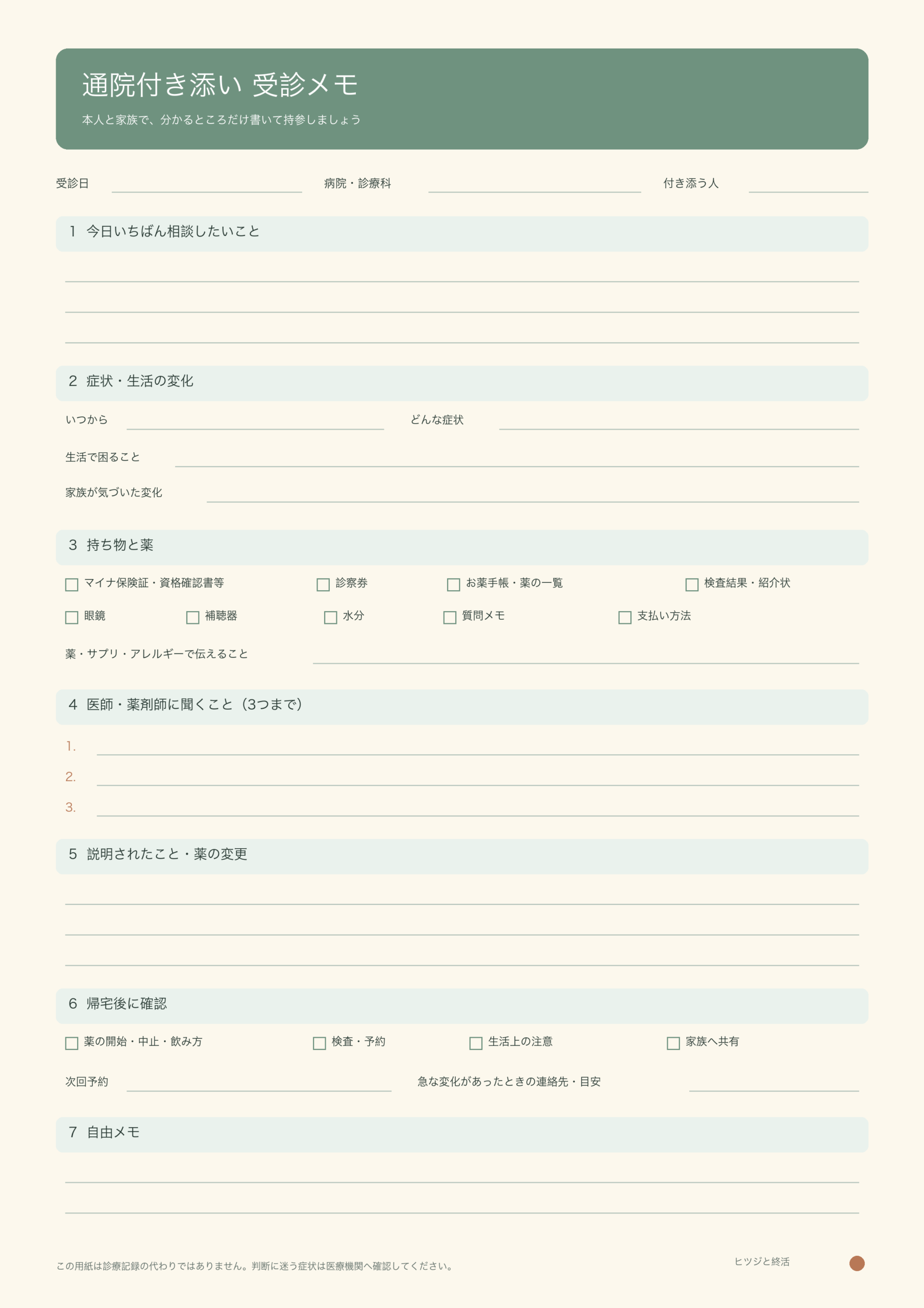 通院日、症状、持ち物、医師への質問、薬の変更、次回予約を書き込める受診メモ